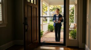 Landlord standing at the entrance of a rental property 