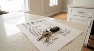 Keys and a move-out checklist on a rental unit counter 