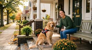 Tenant sitting on porch with service animal in front of rental property