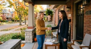 Property manager and tenant shaking hands after Columbus, Ohio, lease for no 