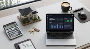 Laptop, calculator, and notepad on desk, crunching self-management numbers 