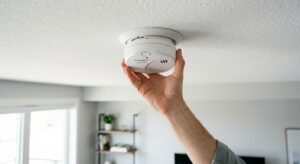 Property manager hand changing rental smoke detector 