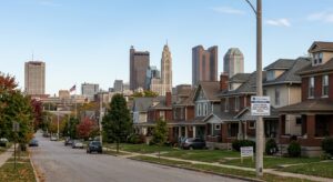 Row of rental homes with Columbus skyline in the background 